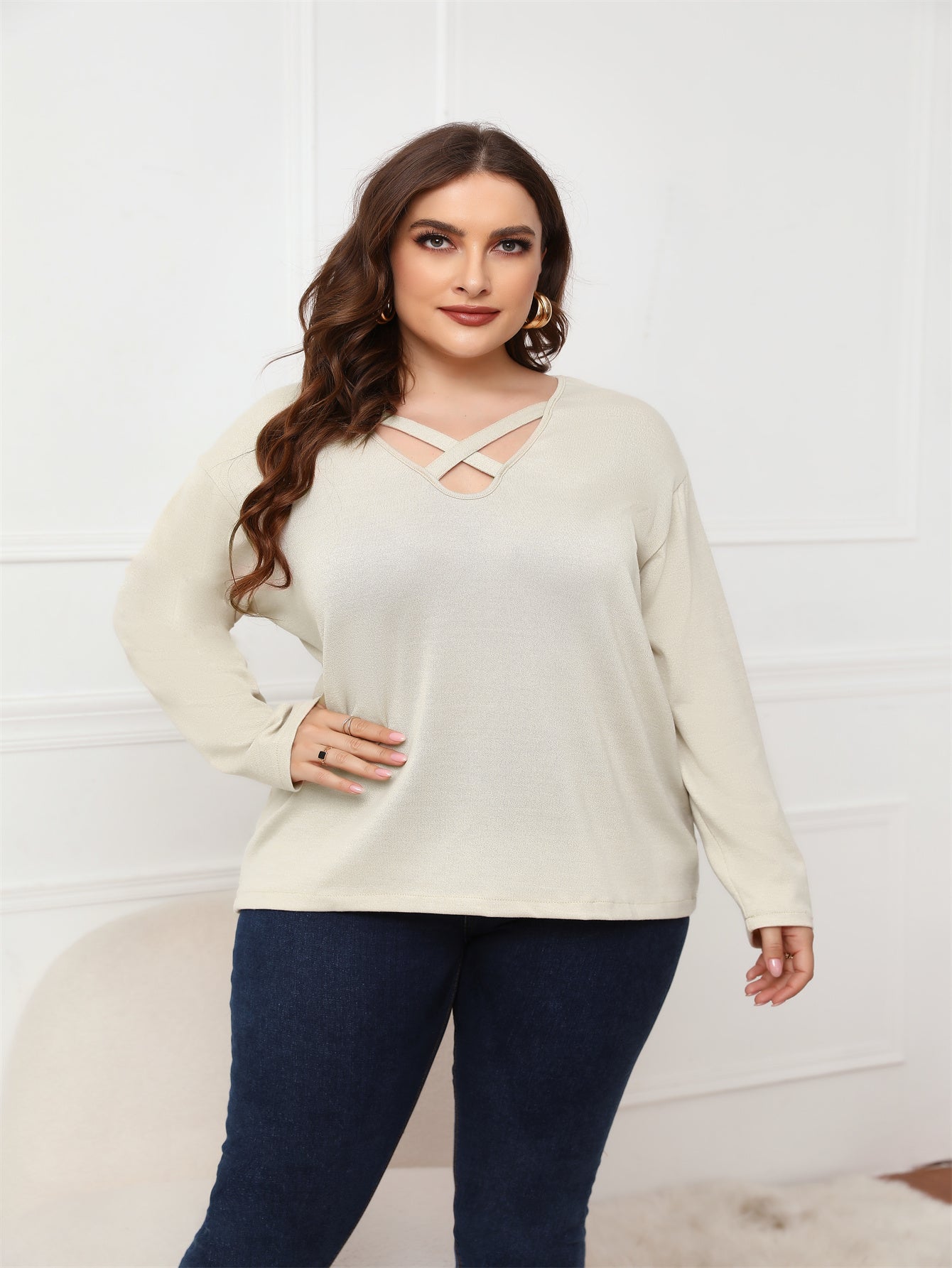 Plus Size Long Sleeve Crisscross Neck Top Blouse - Fashionpara