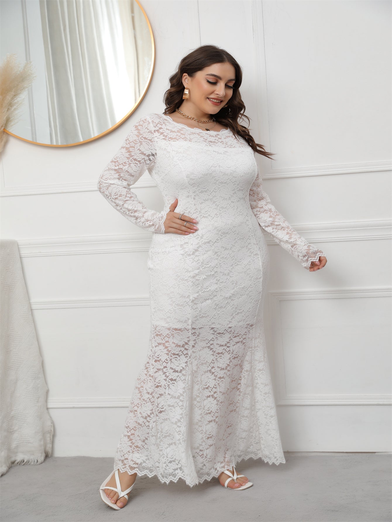 Plus Size Long Sleeve Mermaid Lace Evening Dress HIGH ELASTIC TRUE TO SIZE - Fashionpara