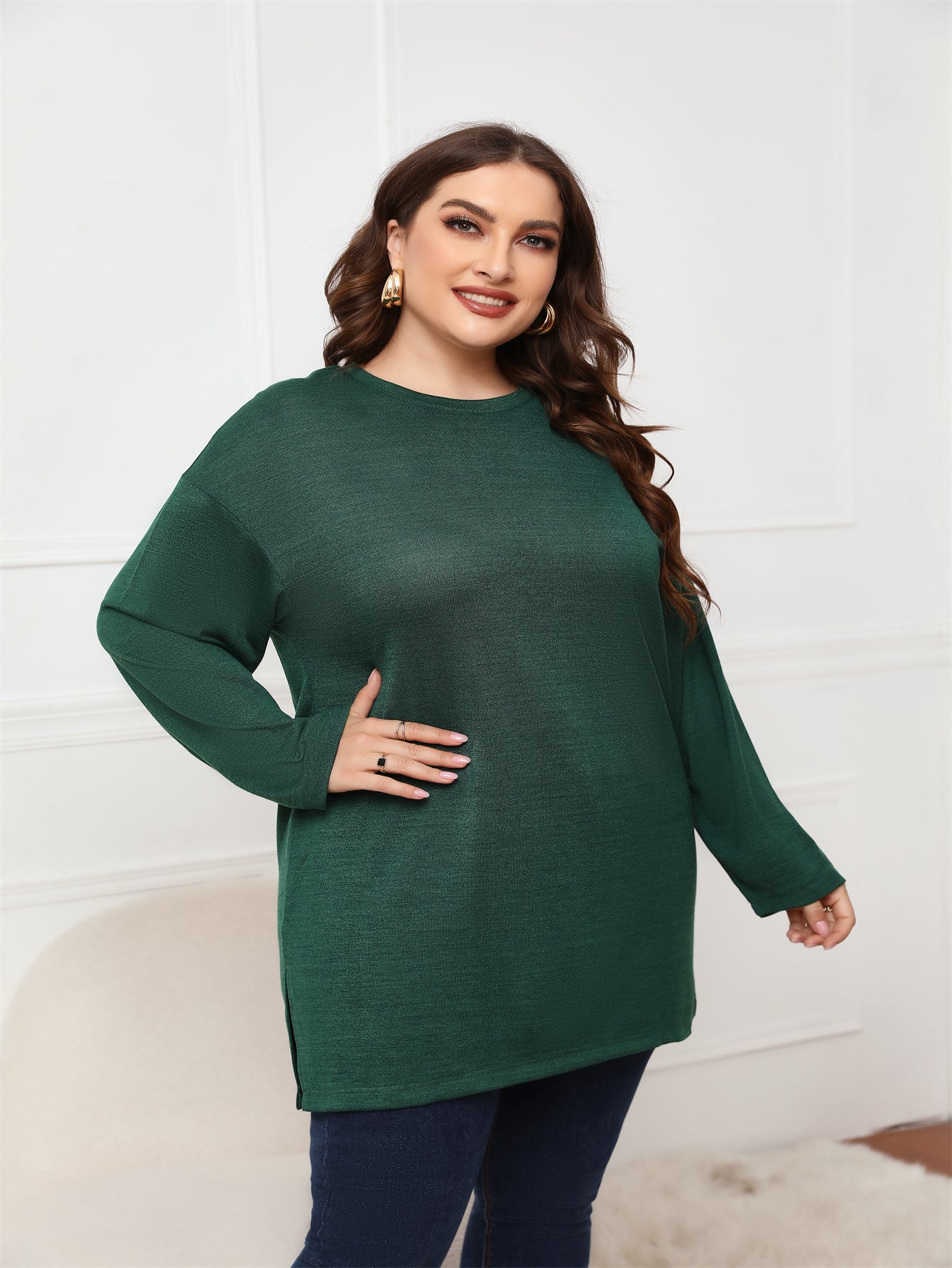 Plus Size Long Sleeve Round Neck Long Top Blouse - Fashionpara