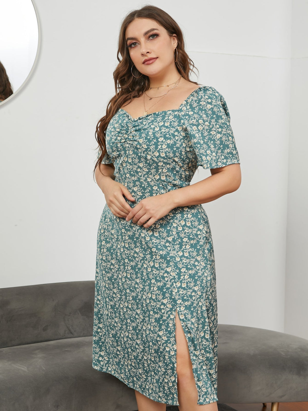 Floral Print Sweetheart Puff Sleeve Midi Dress