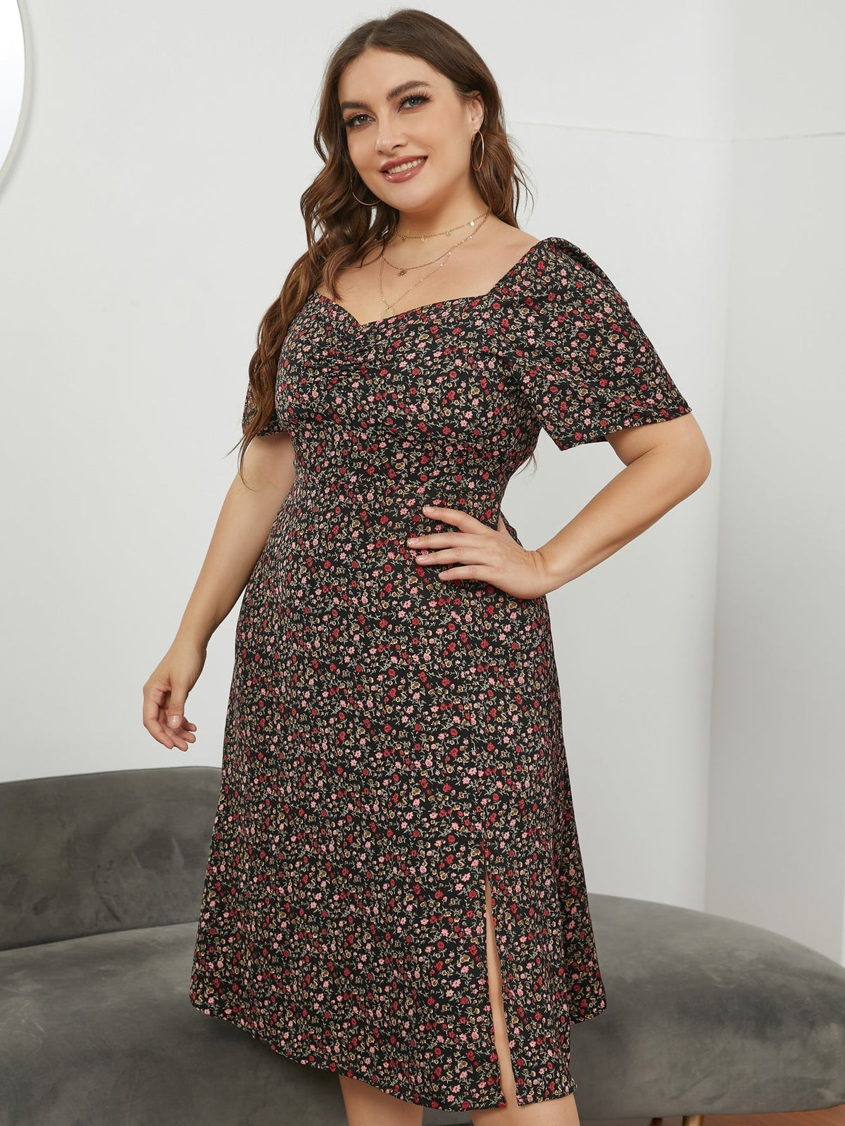 Floral Print Sweetheart Puff Sleeve Midi Dress