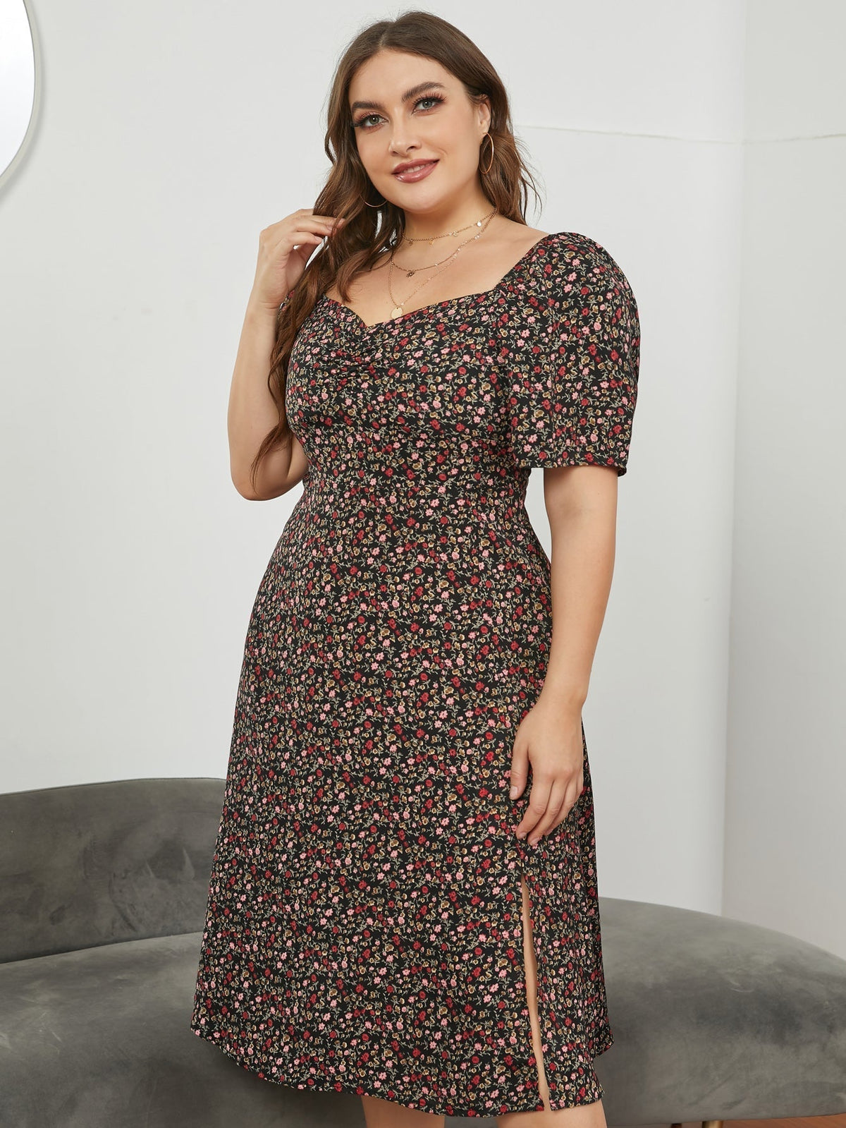 Floral Print Sweetheart Puff Sleeve Midi Dress