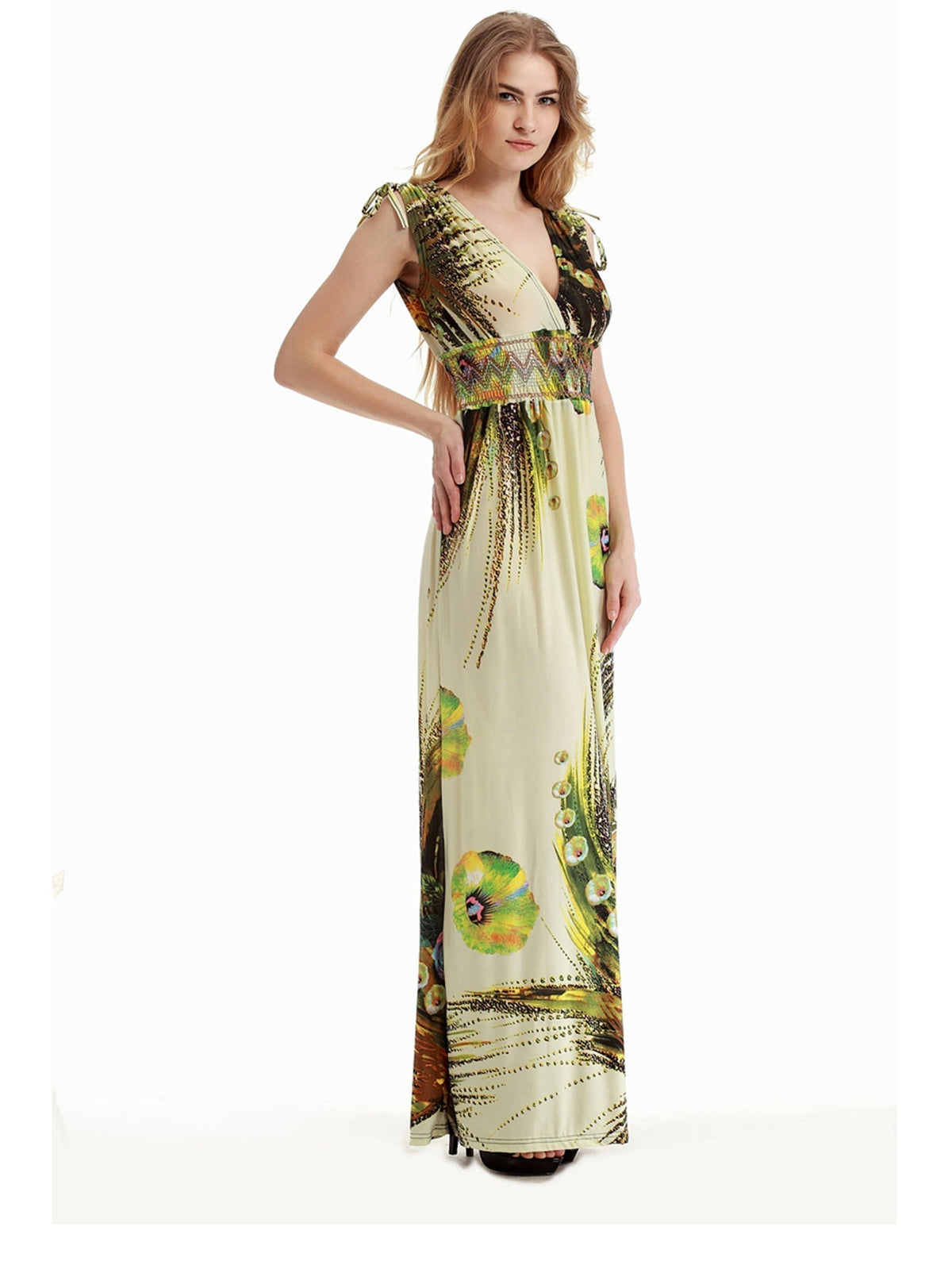 KittenAlarm - Plus Size M-6XL Surplice Front Elastic Waist Beige Camellia Maxi Dress