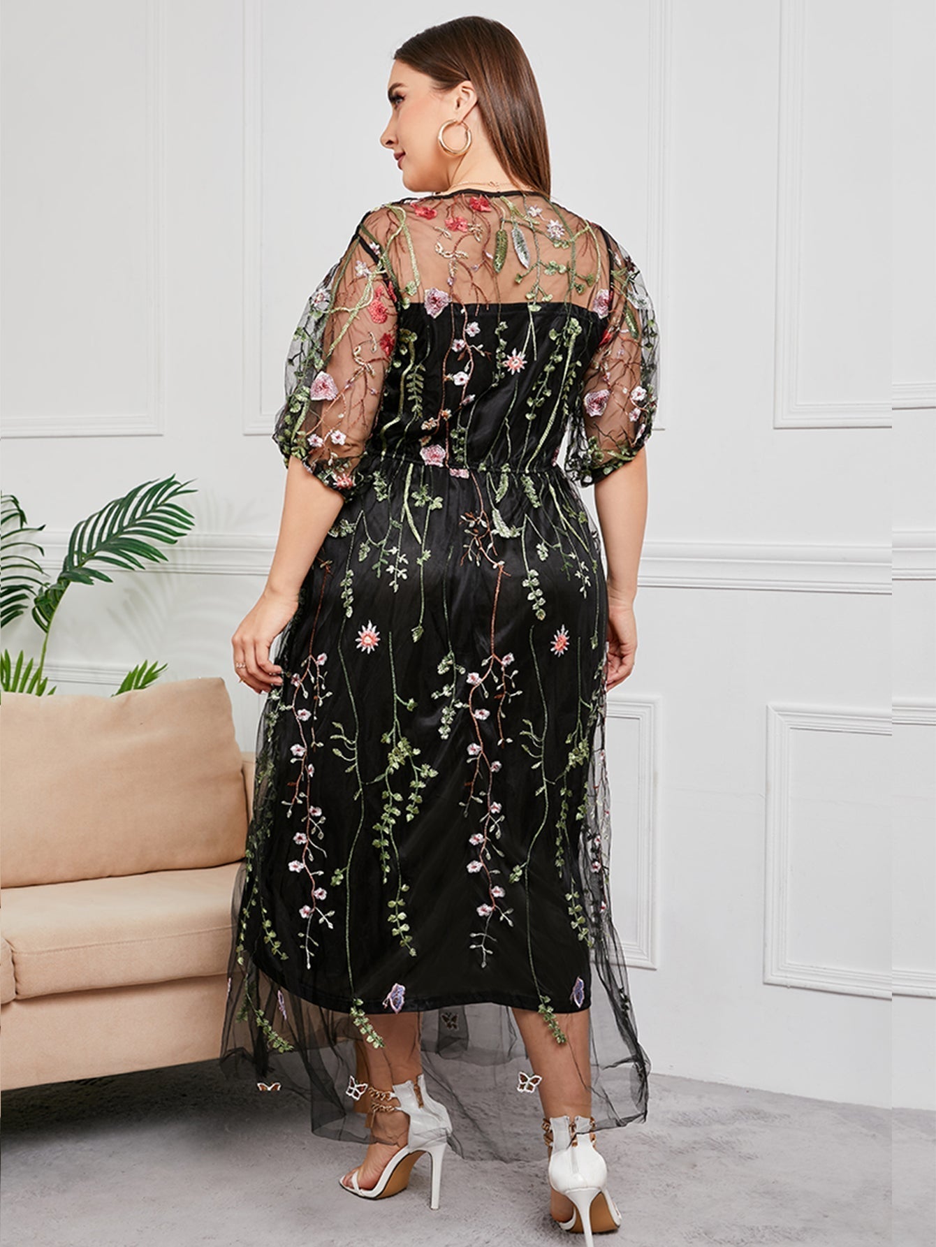 Plus Size Mesh Embroidery Party Dress - Fashionpara