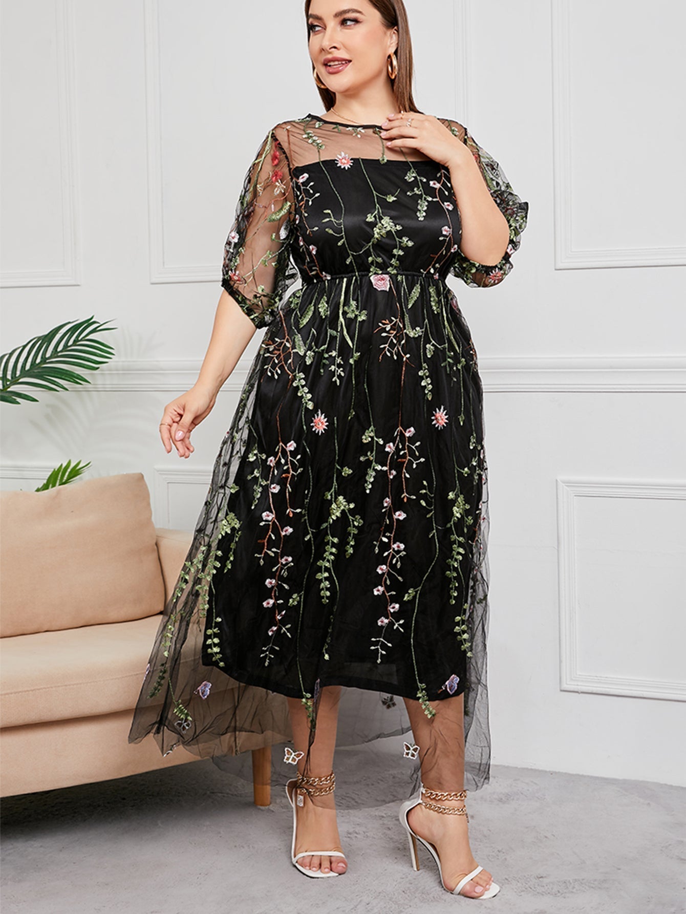 Plus Size Mesh Embroidery Party Dress - Fashionpara