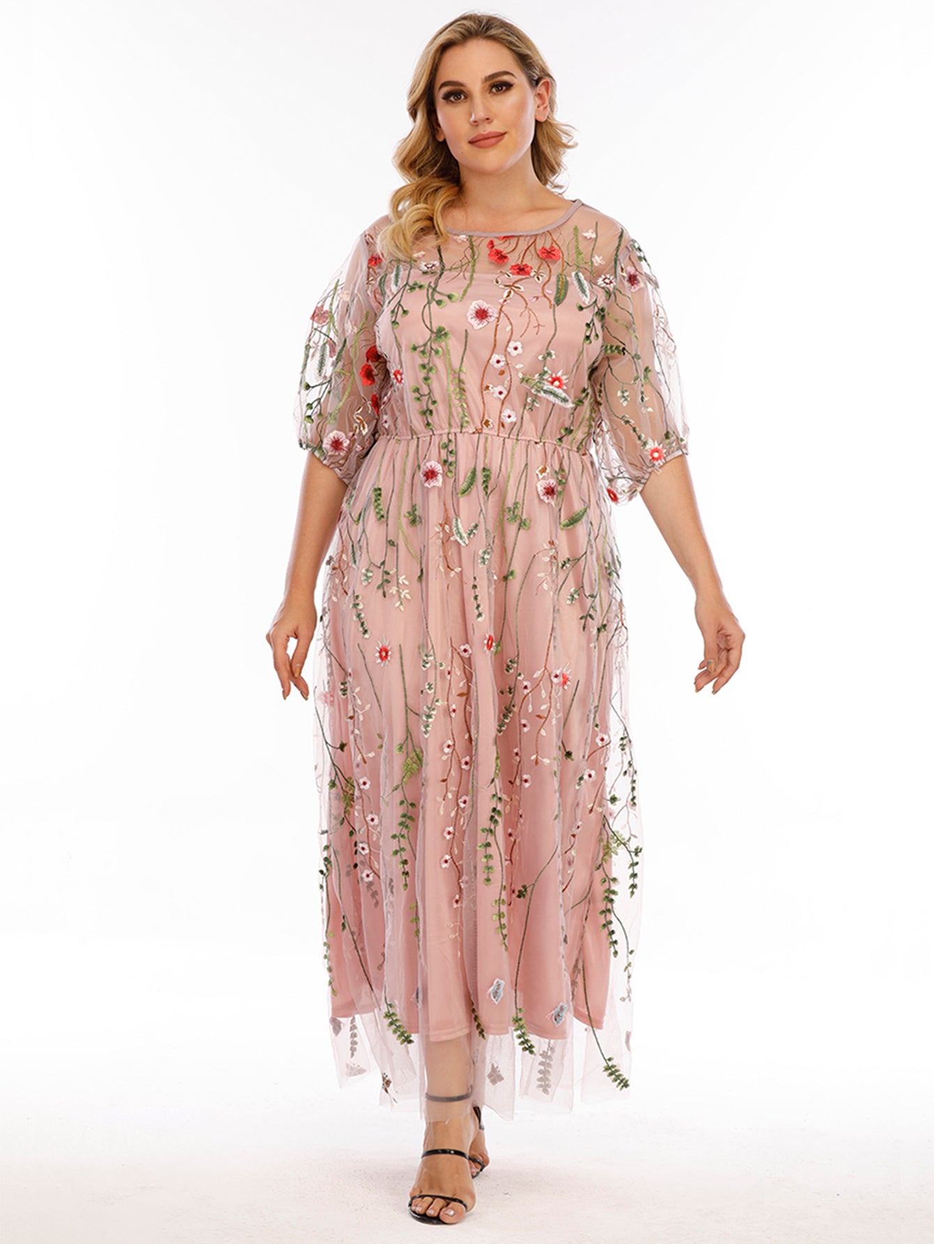 Plus Size Mesh Embroidery Party Dress - Fashionpara