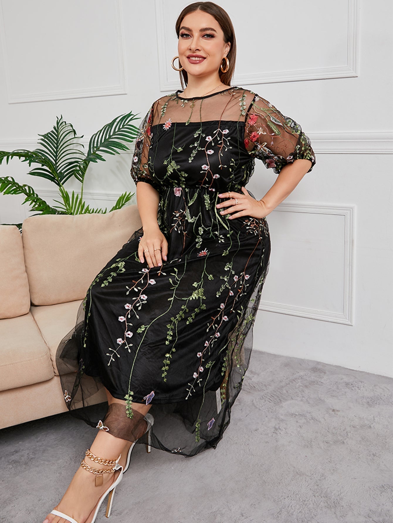 Plus Size Mesh Embroidery Party Dress - Fashionpara