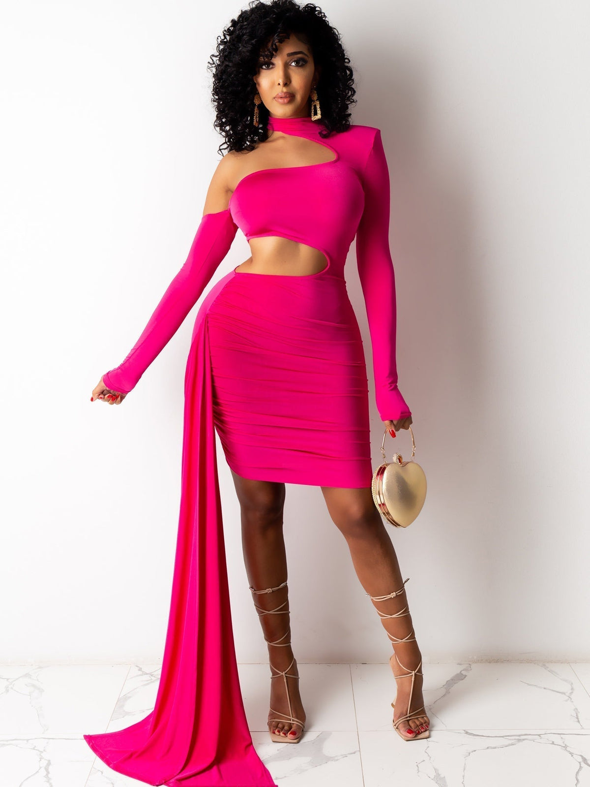 One Shoulder Cutout Long Sleeve Ruched Bodycon Dress