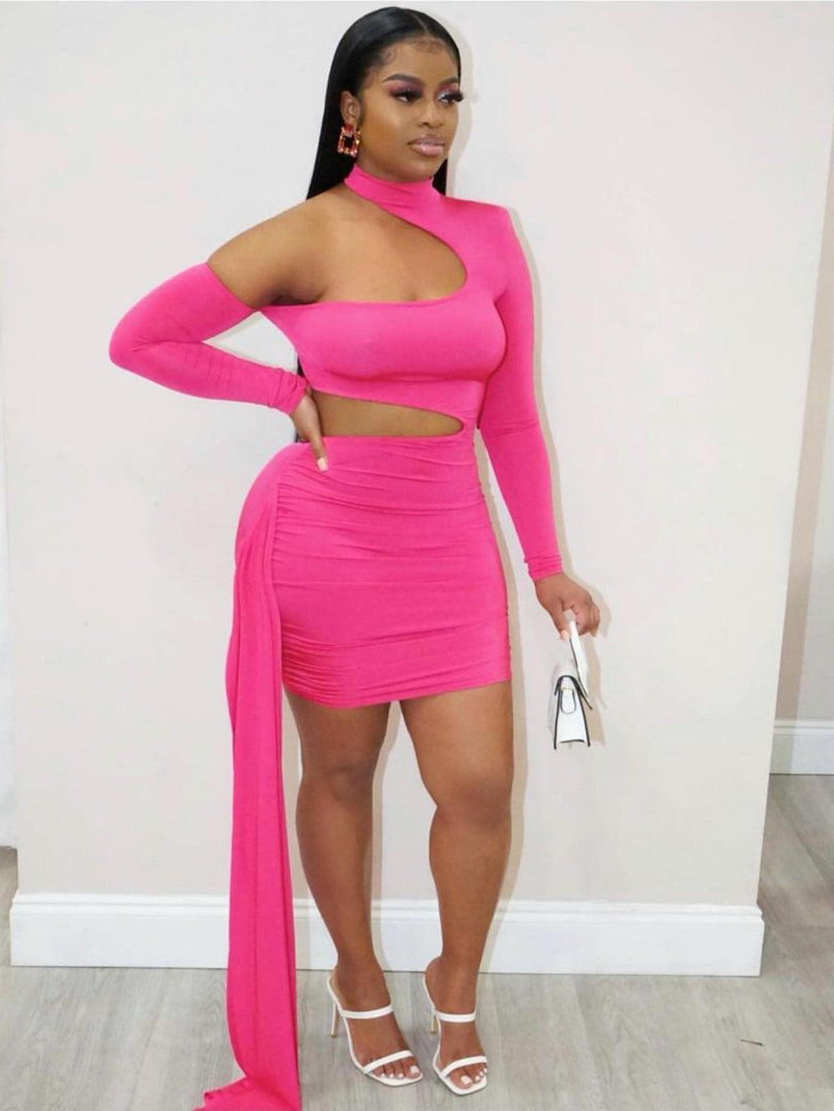 One Shoulder Cutout Long Sleeve Ruched Bodycon Dress