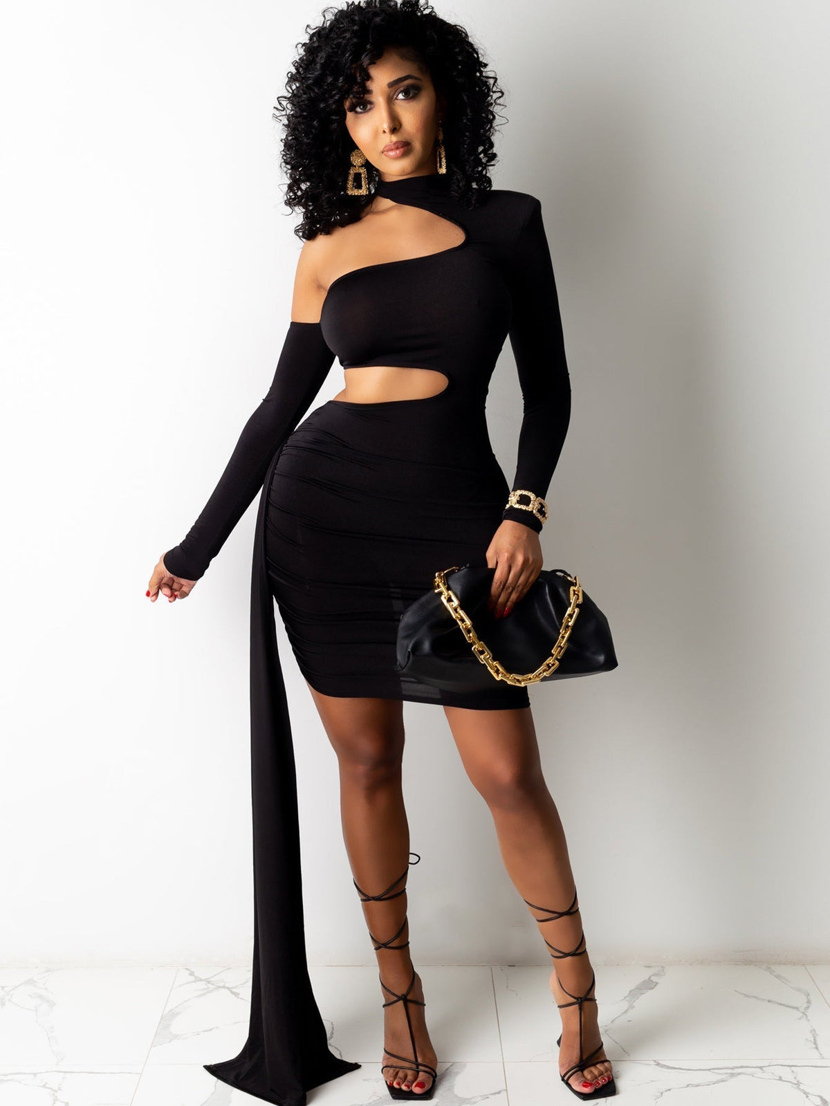 One Shoulder Cutout Long Sleeve Ruched Bodycon Dress