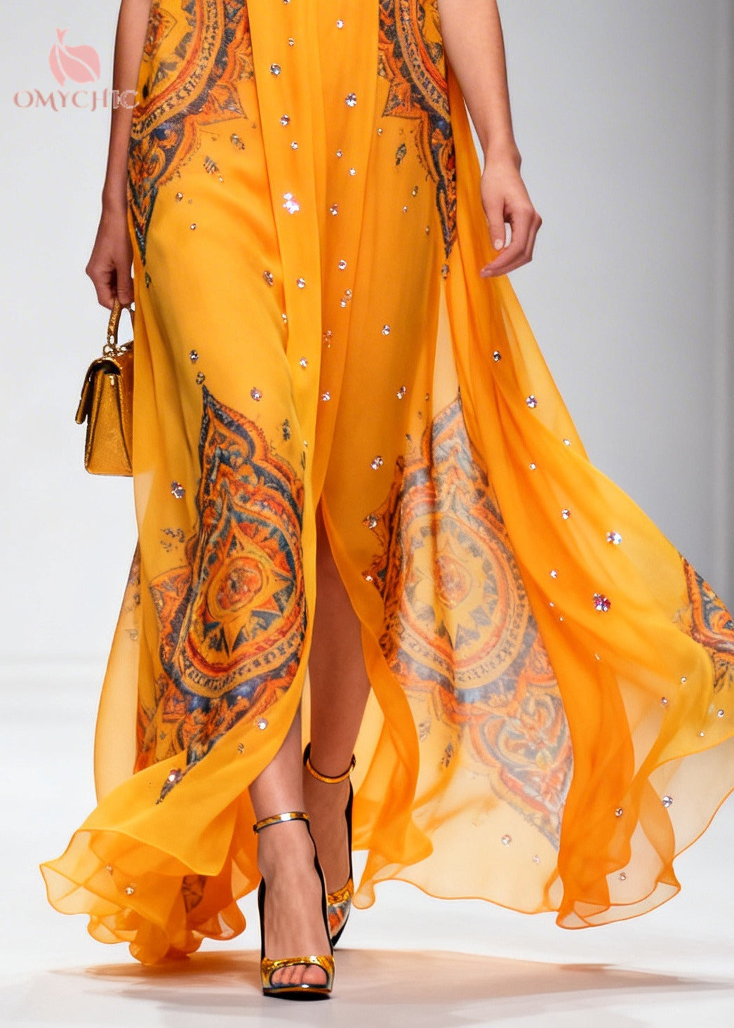 Deep V-Neck Sleeveless Rhinestone Chiffon Flowy Maxi Dress - View 4