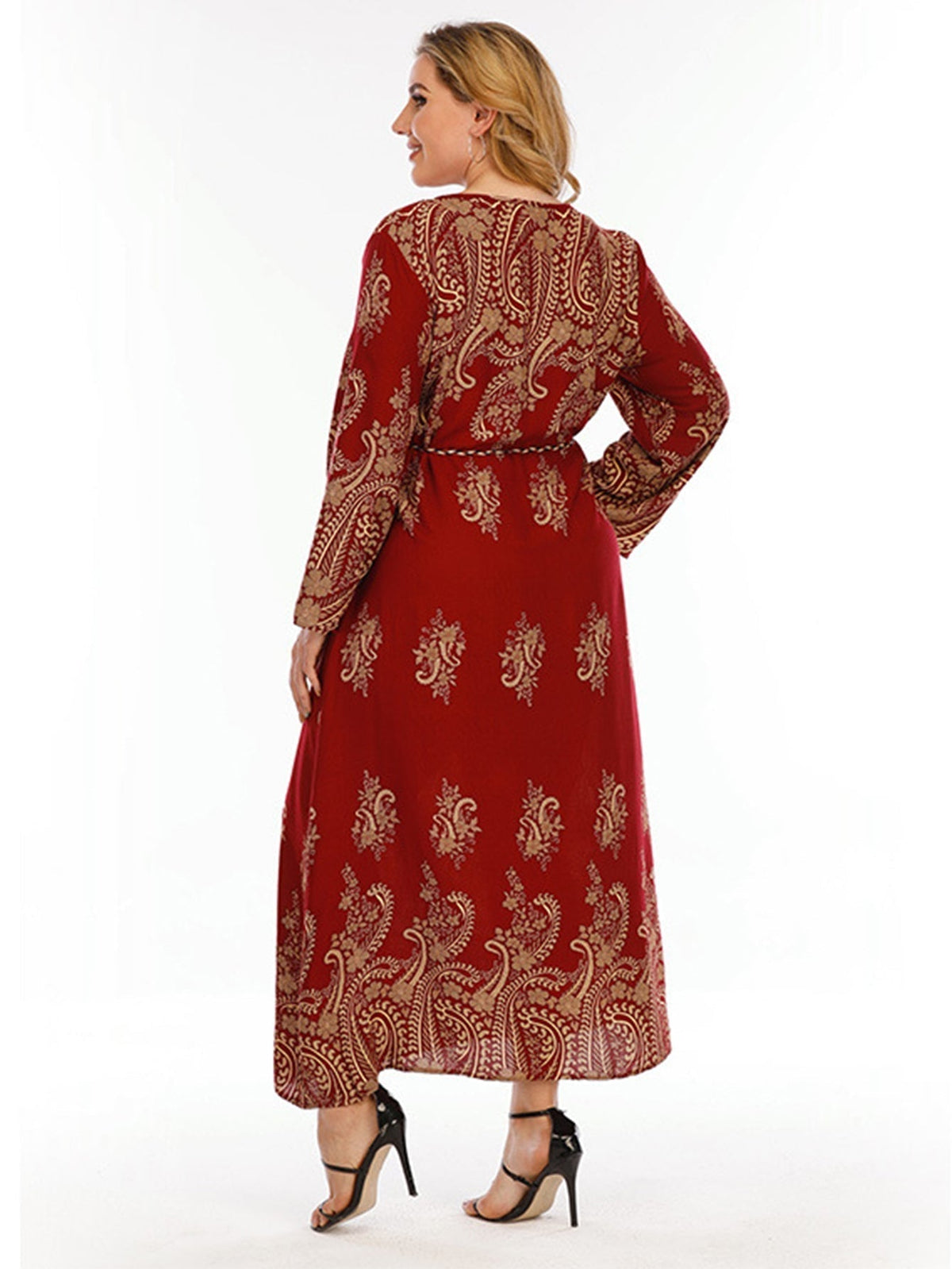 Paisley Print Long Sleeve Belted A-Line Maxi Dress