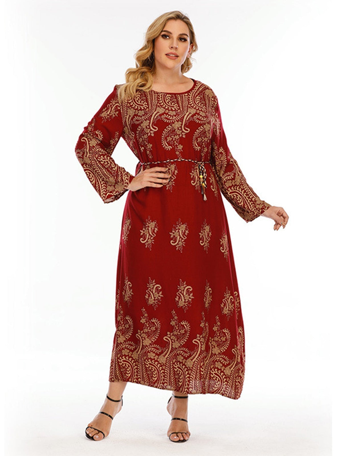 Paisley Print Long Sleeve Belted A-Line Maxi Dress