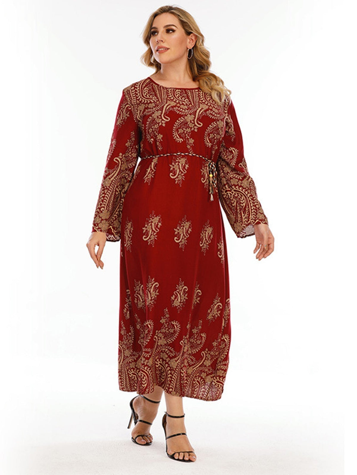 Paisley Print Long Sleeve Belted A-Line Maxi Dress
