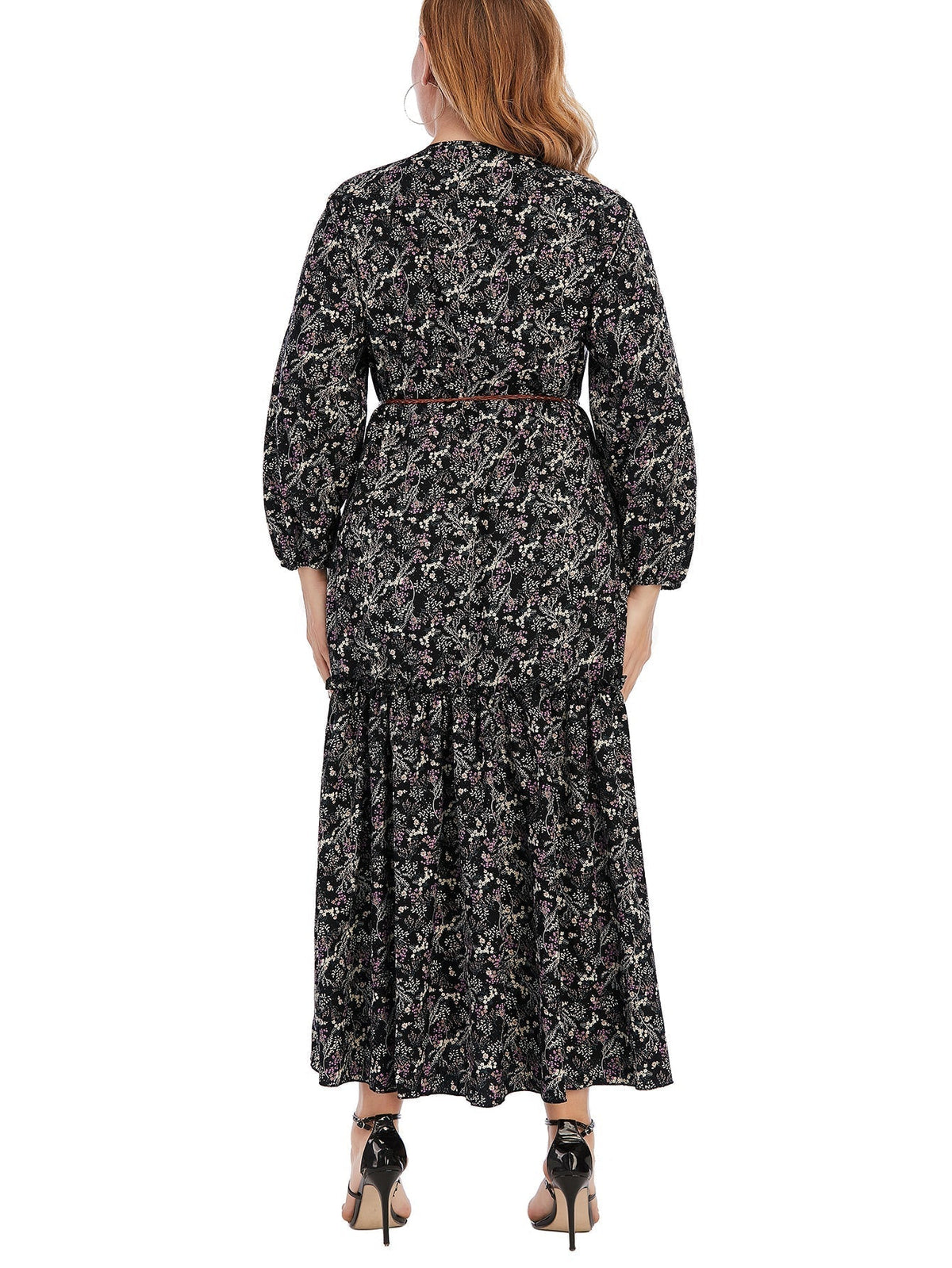 Ditsy Floral Print V-Neck Long Sleeve Belted Tiered Maxi Dress
