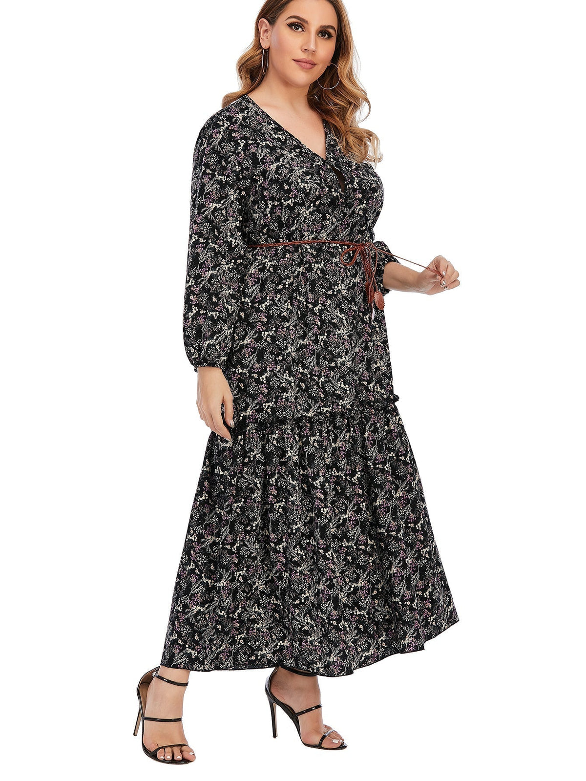 Ditsy Floral Print V-Neck Long Sleeve Belted Tiered Maxi Dress