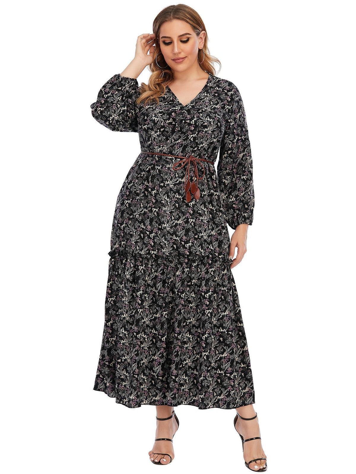 Ditsy Floral Print V-Neck Long Sleeve Belted Tiered Maxi Dress