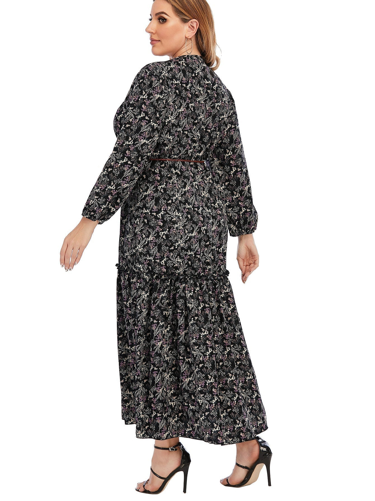 Ditsy Floral Print V-Neck Long Sleeve Belted Tiered Maxi Dress