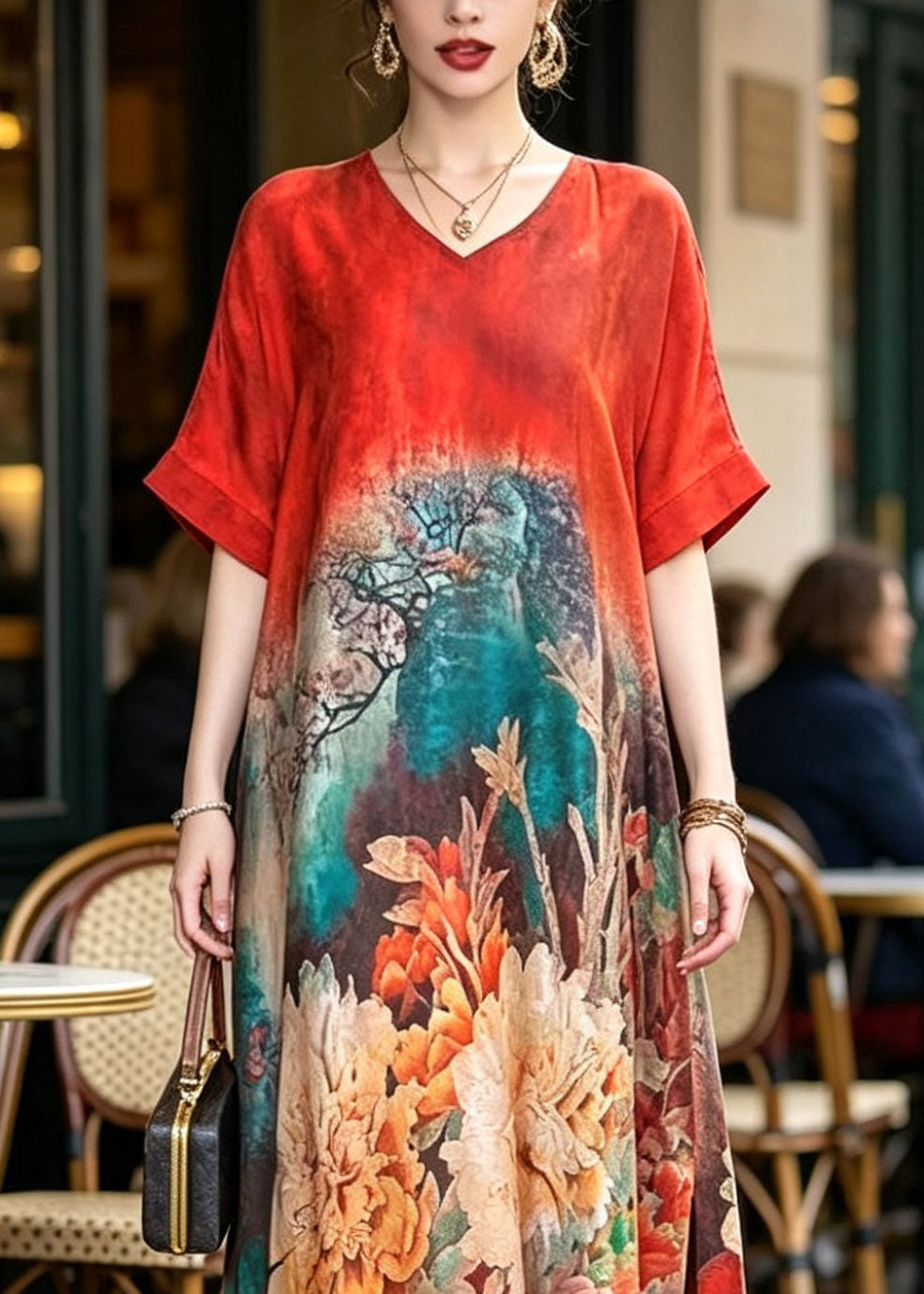 Floral Print V-Neck Short Sleeve Side Slit Relaxed Fit Midi Dress - View 2