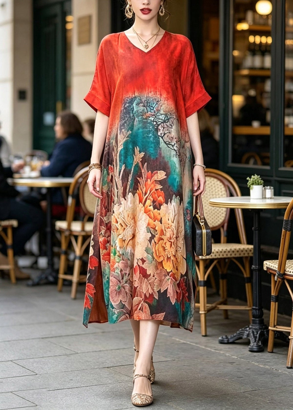 Floral Print V-Neck Short Sleeve Side Slit Relaxed Fit Midi Dress - View 3