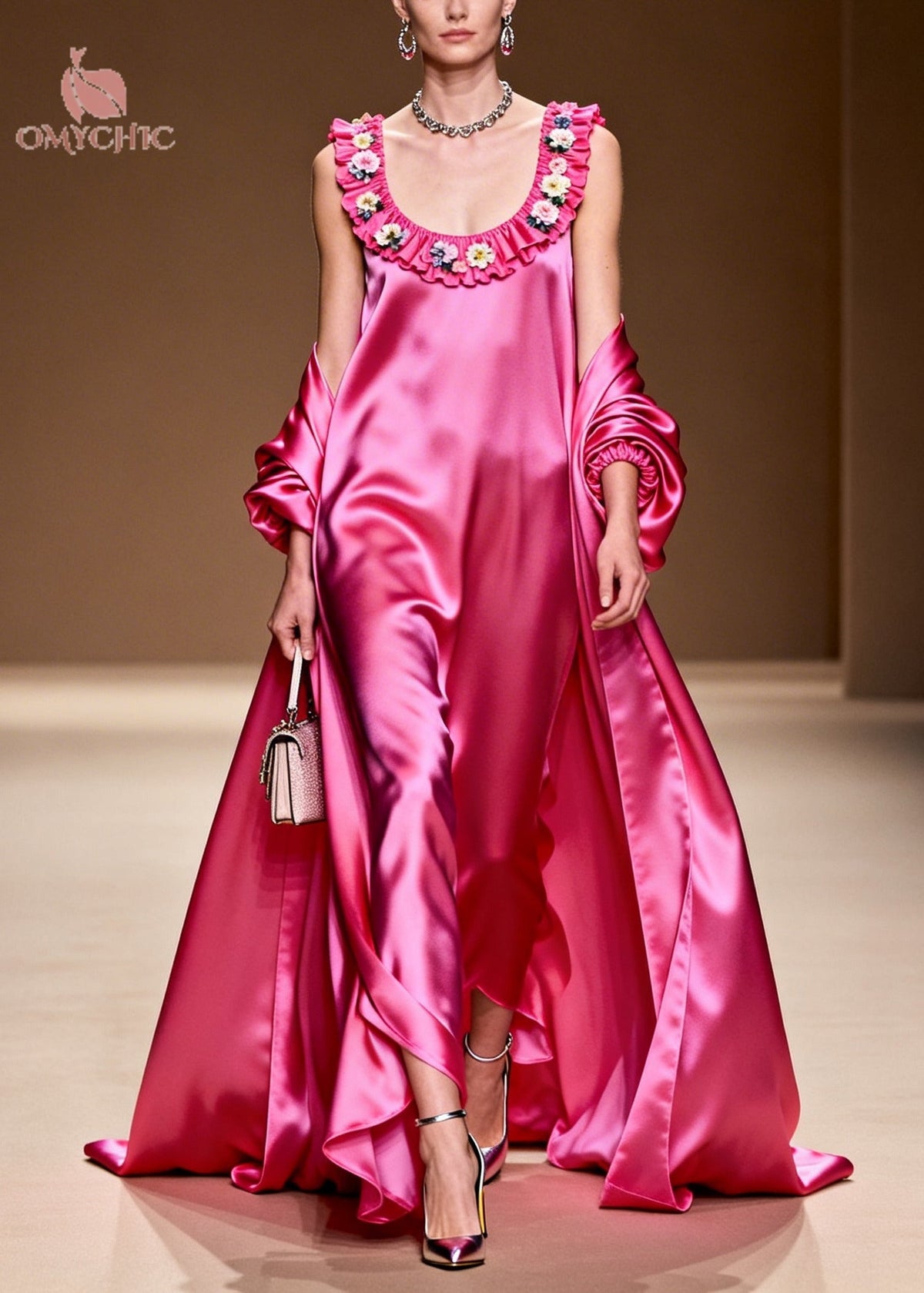 Satin Ruffle Neck Floral Applique Gown and Open Coat Two Piece Set