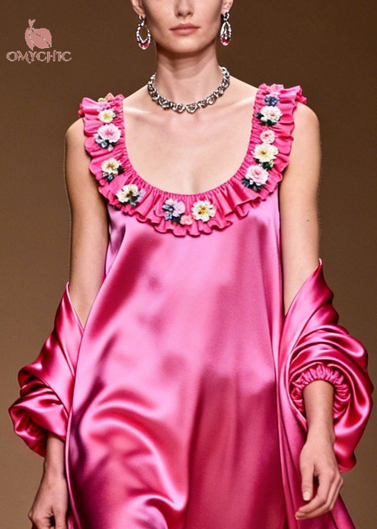 Satin Ruffle Neck Floral Applique Gown and Open Coat Two Piece Set - View 2