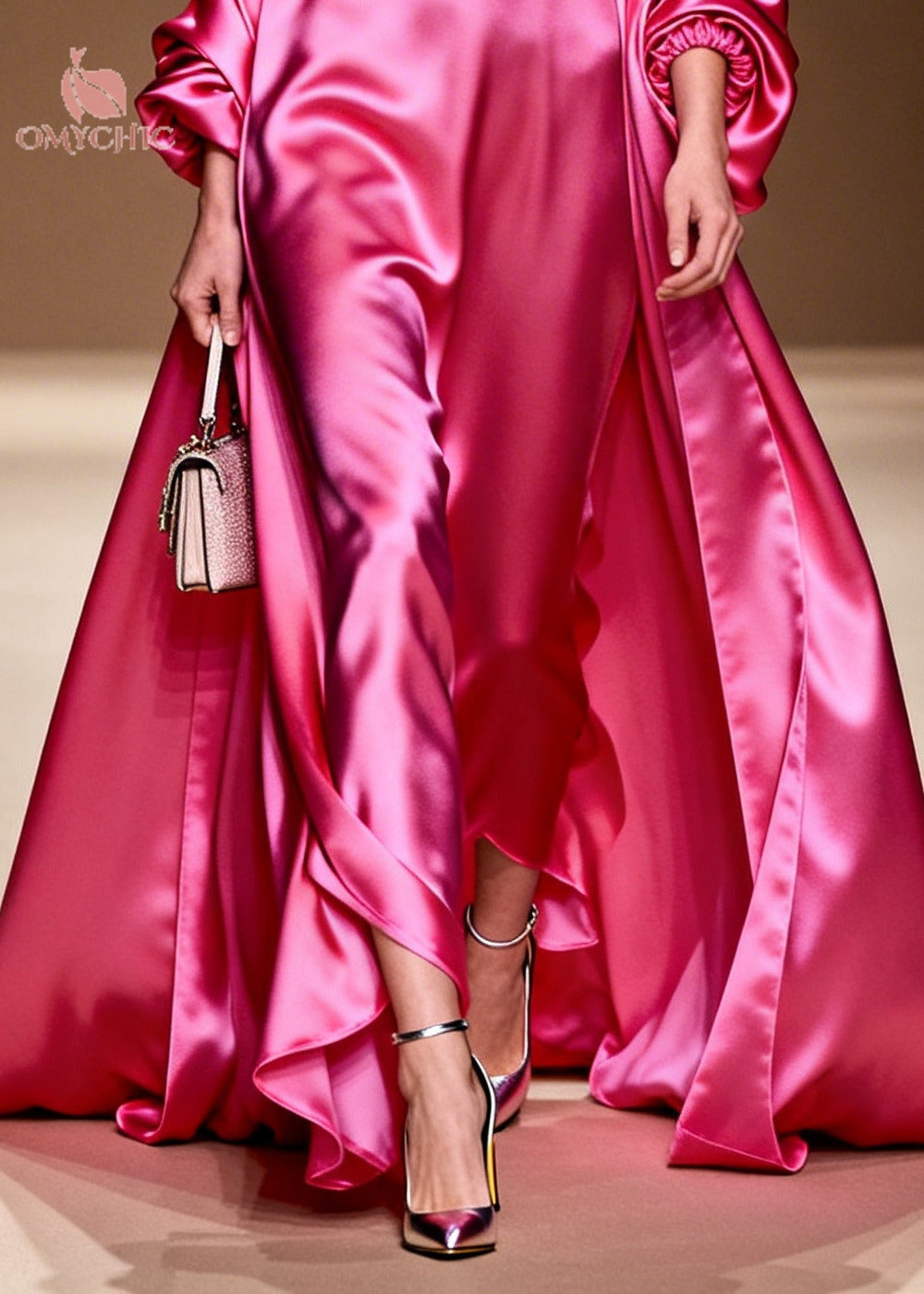 Satin Ruffle Neck Floral Applique Gown and Open Coat Two Piece Set - View 4