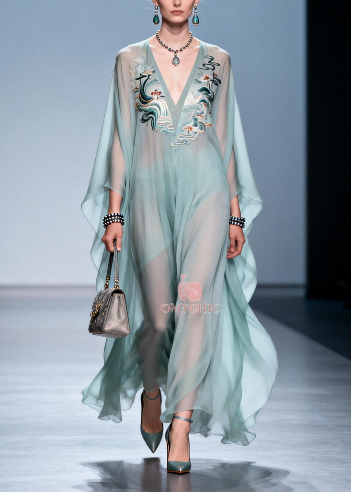 Plus Size Sky Blue Print Draping Chiffon Maxi Dress Batwing Sleeve - View 5