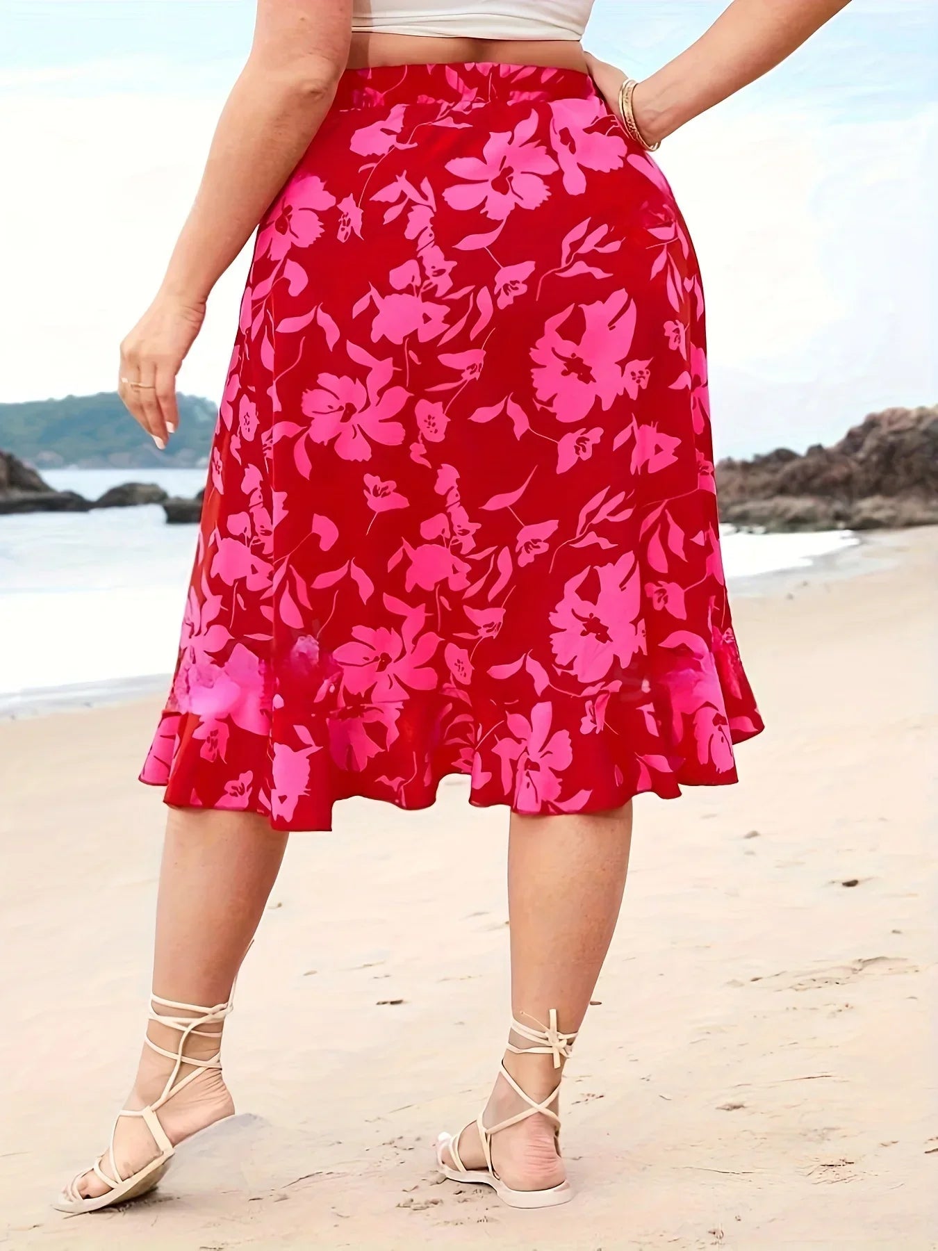 Plus Size Floral Slit High Waist Vacation Skirt