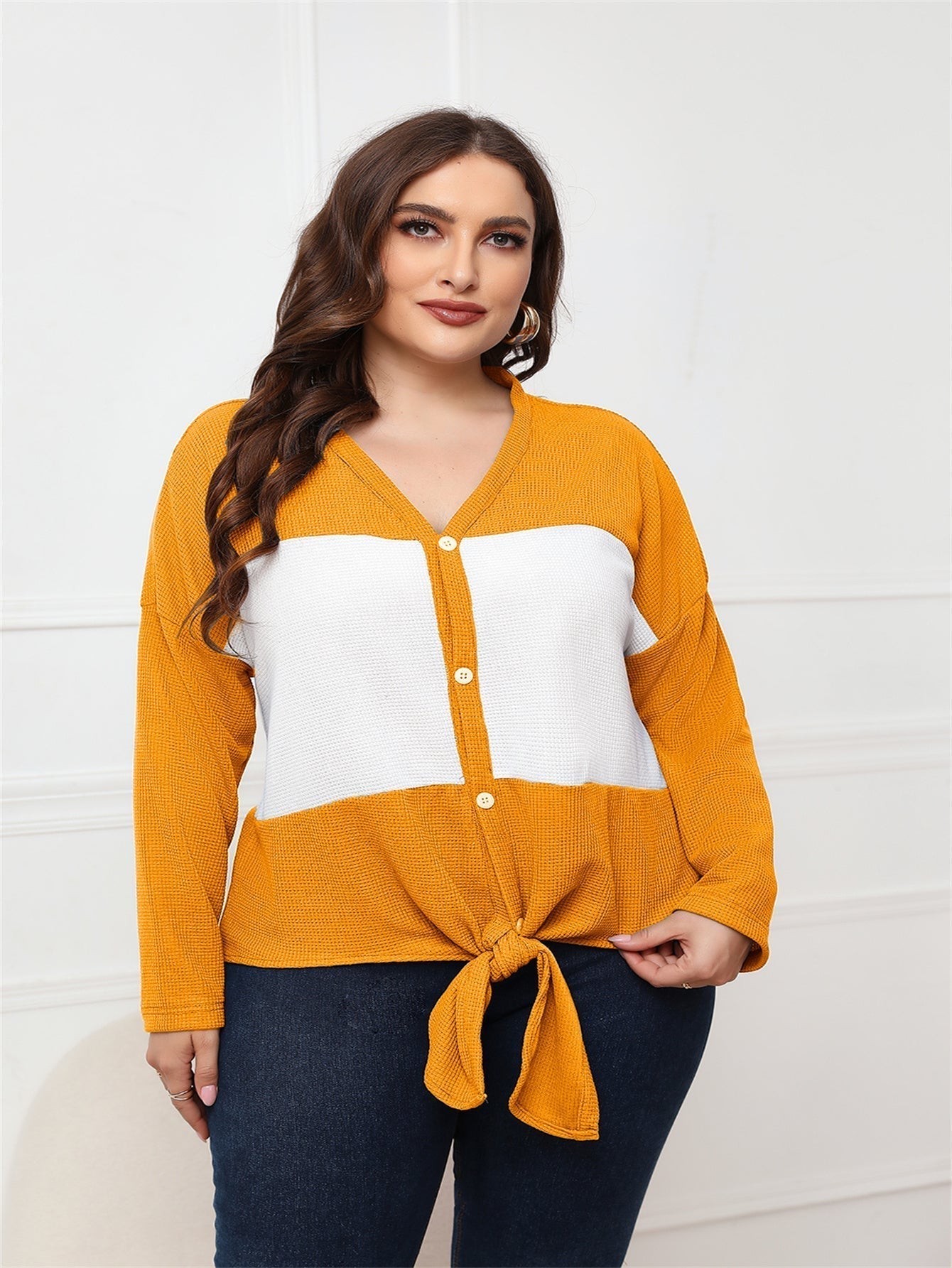 Plus Size Tops Long Sleeve V Neck Waffle Knit Tunic Blouse Tie Front Button Up T Shirts - Fashionpara