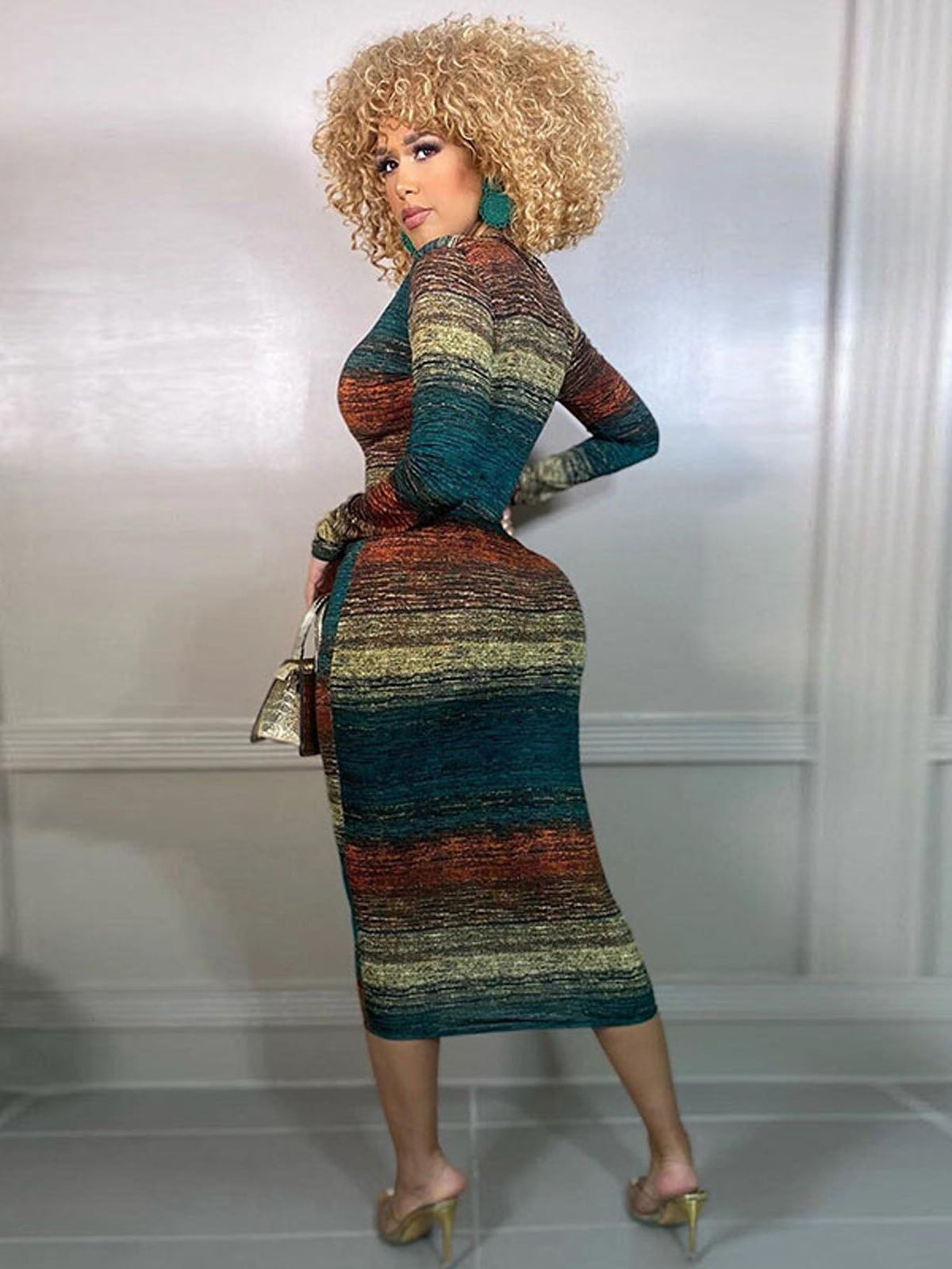 Striped V-Neck Long Sleeve Zip Front Bodycon Midi Dress