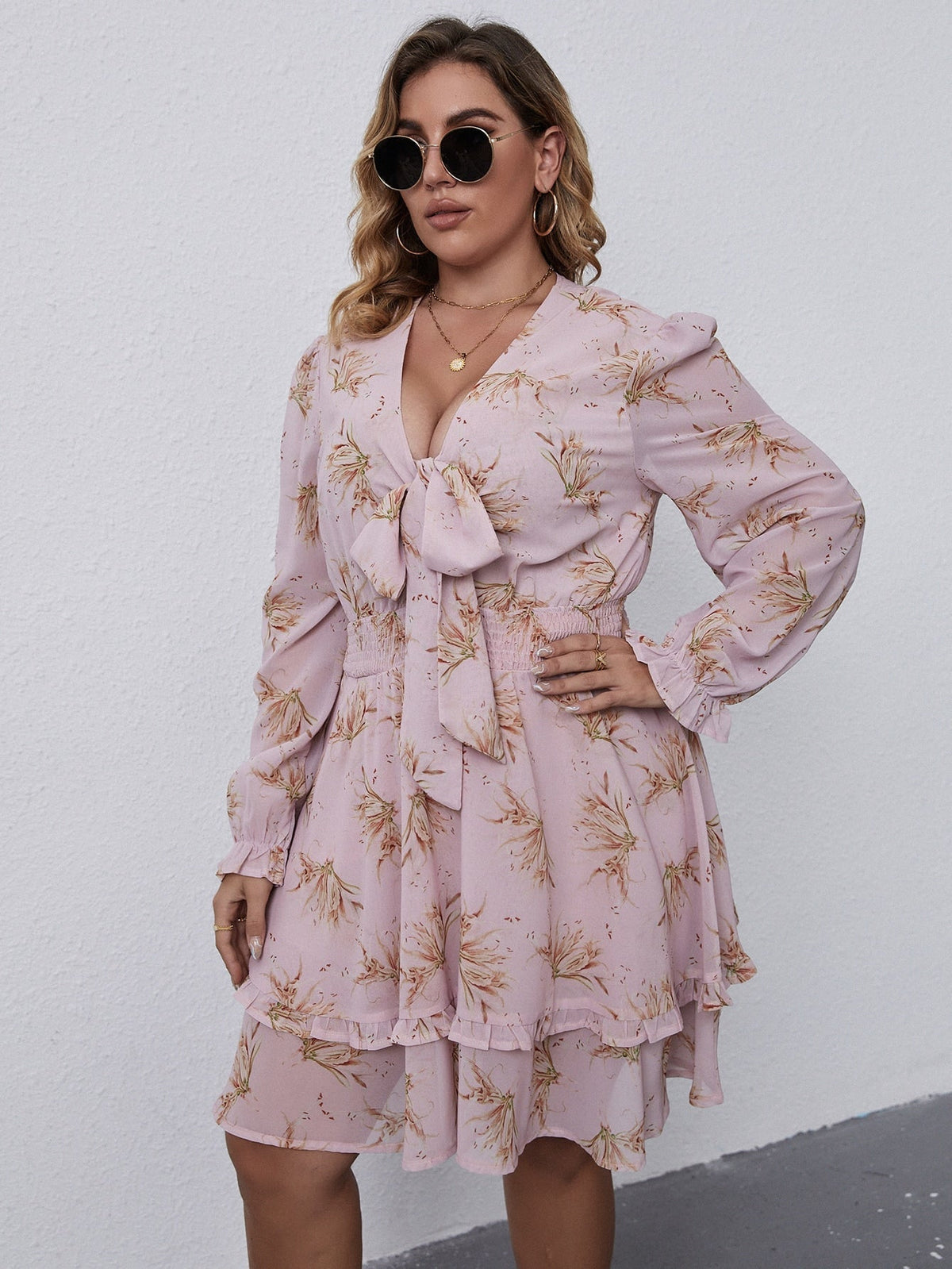 Floral Print Plunge Neck Long Sleeve Tie-Front Mini Dress