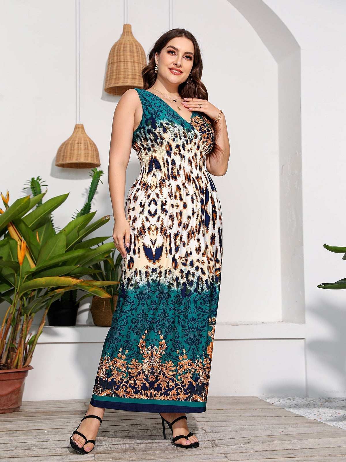 Animal Print V-Neck Sleeveless Smocked Maxi Dress