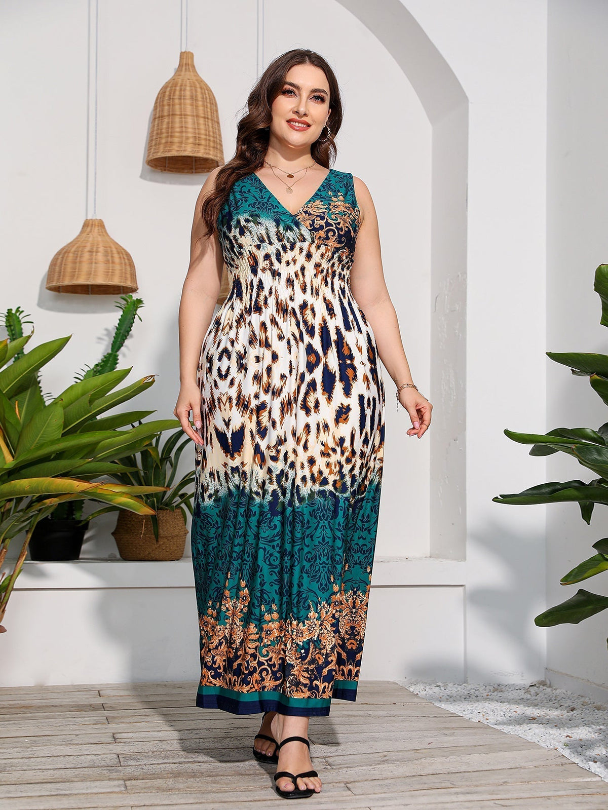 Animal Print V-Neck Sleeveless Smocked Maxi Dress