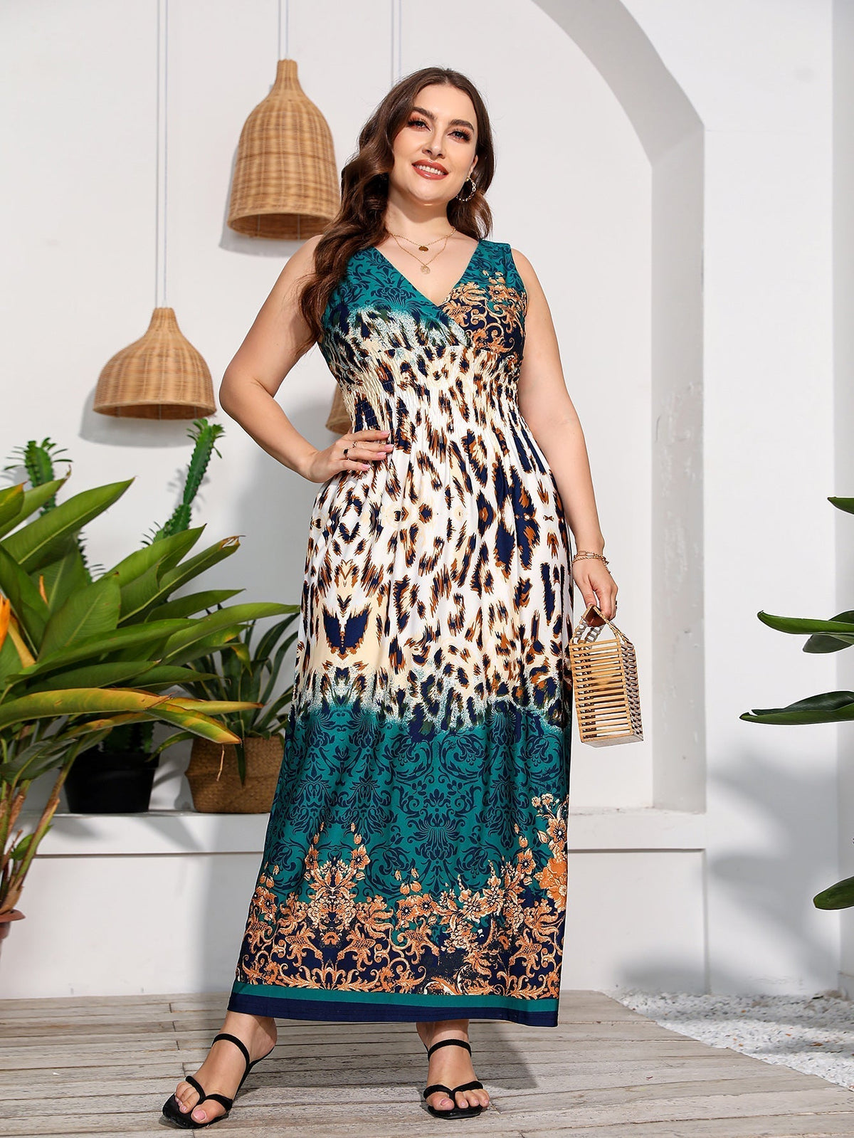 Animal Print V-Neck Sleeveless Smocked Maxi Dress