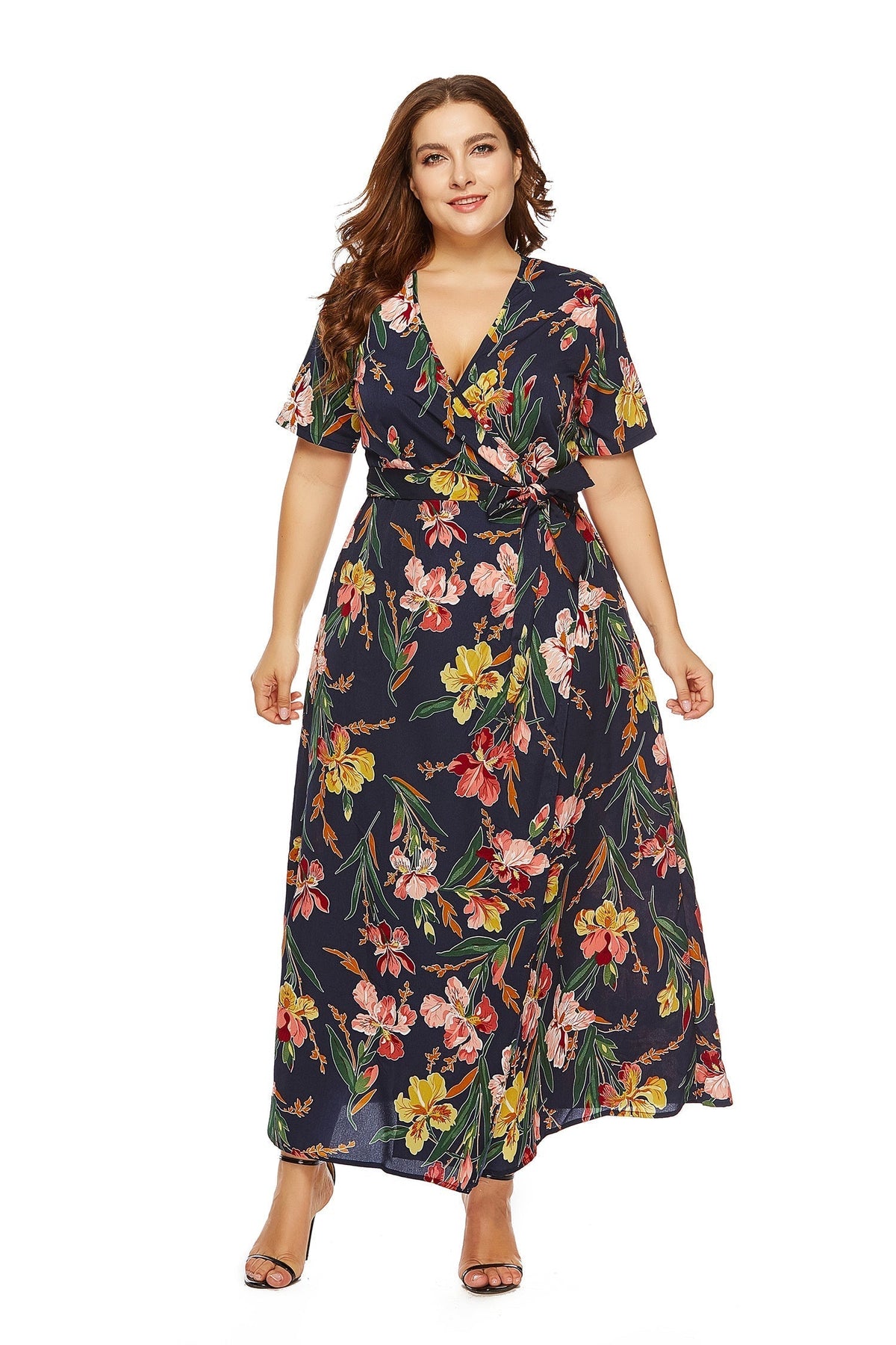 Chain Print Wrap V-Neck Short Sleeve Maxi Dress