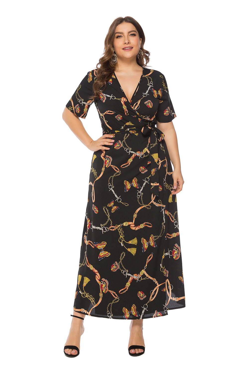 Chain Print Wrap V-Neck Short Sleeve Maxi Dress