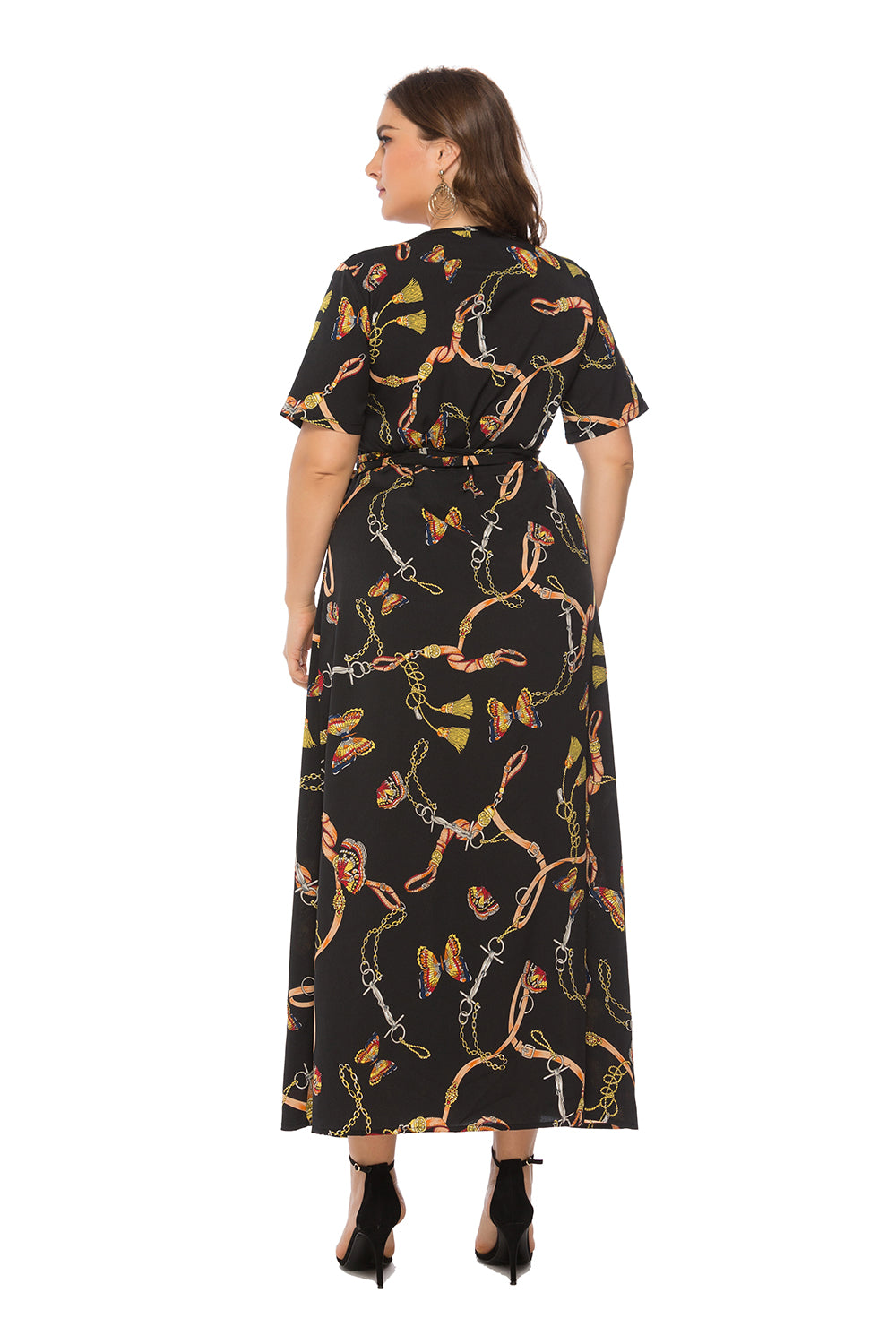 Chain Print Wrap V-Neck Short Sleeve Maxi Dress