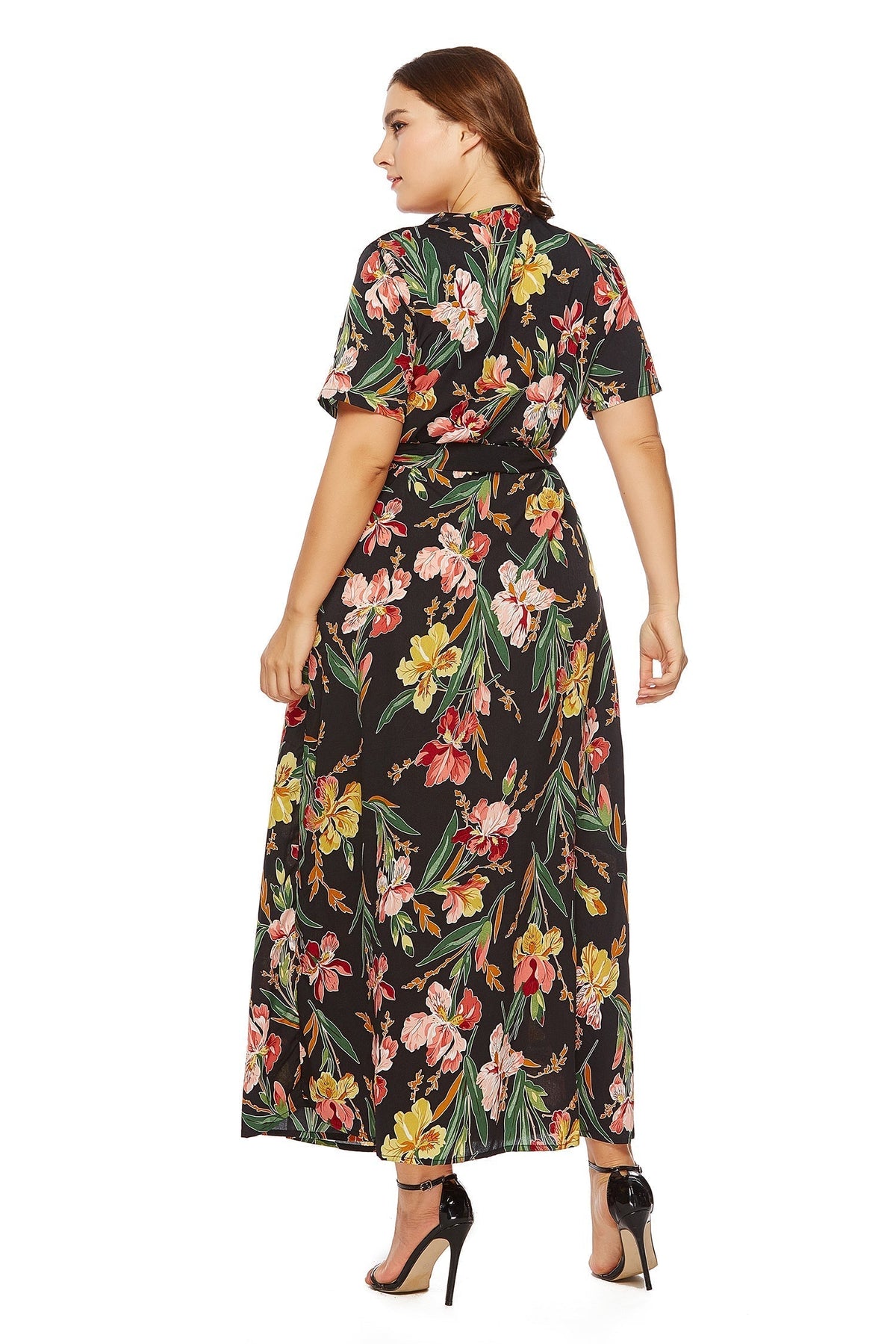 Chain Print Wrap V-Neck Short Sleeve Maxi Dress