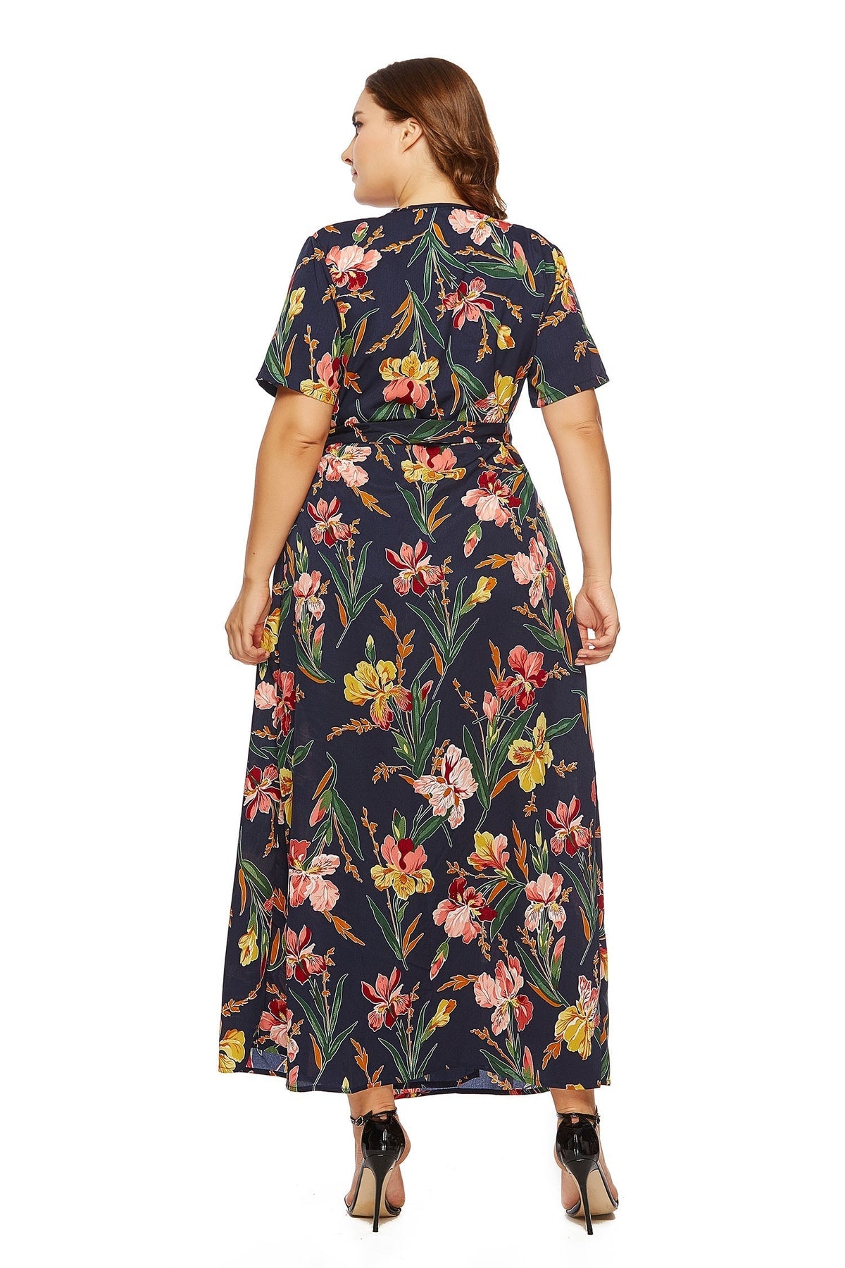 Chain Print Wrap V-Neck Short Sleeve Maxi Dress