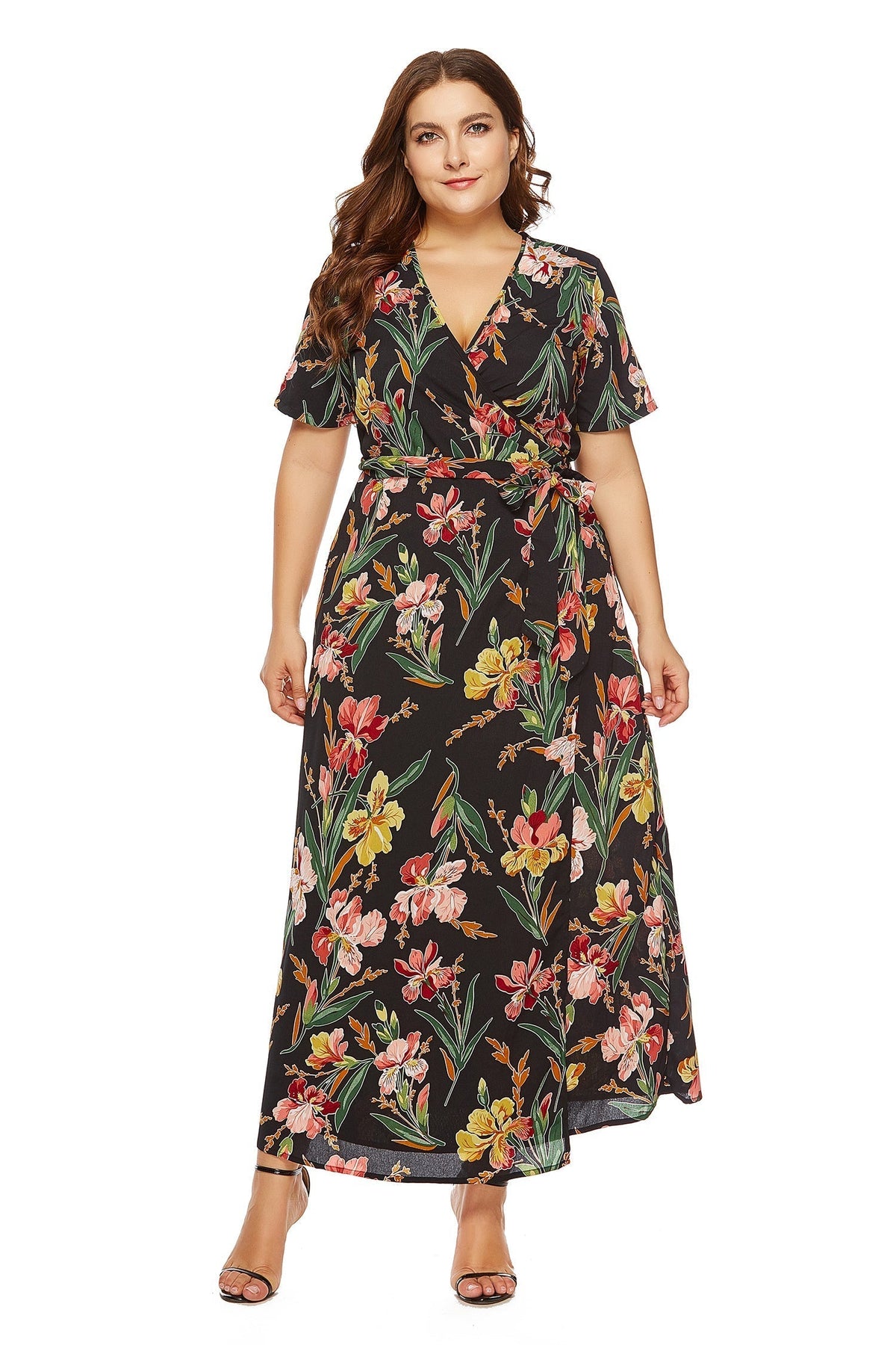 Chain Print Wrap V-Neck Short Sleeve Maxi Dress