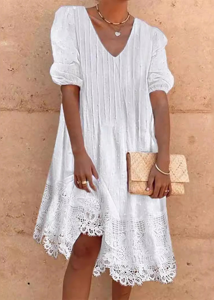 Swiss Dot Pintuck Pleat V-Neck Puff Sleeve Crochet Lace Hem Midi Dress