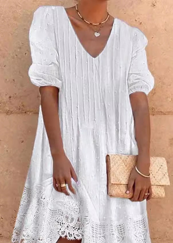 Swiss Dot Pintuck Pleat V-Neck Puff Sleeve Crochet Lace Hem Midi Dress - View 2
