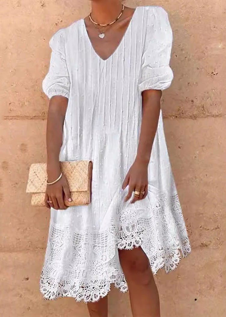 Swiss Dot Pintuck Pleat V-Neck Puff Sleeve Crochet Lace Hem Midi Dress - View 3