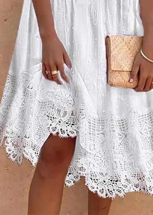 Swiss Dot Pintuck Pleat V-Neck Puff Sleeve Crochet Lace Hem Midi Dress - View 4