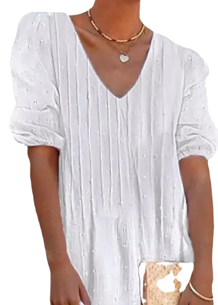 Swiss Dot Pintuck Pleat V-Neck Puff Sleeve Crochet Lace Hem Midi Dress - View 5