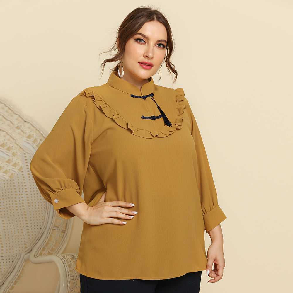 Plus Size Women Retro Style Stand Collar Ruffle Trim Solid Color Casual Shirt Top Blouse - Fashionpara