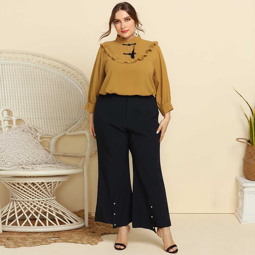 Plus Size Women Retro Style Stand Collar Ruffle Trim Solid Color Casual Shirt Top Blouse - Fashionpara