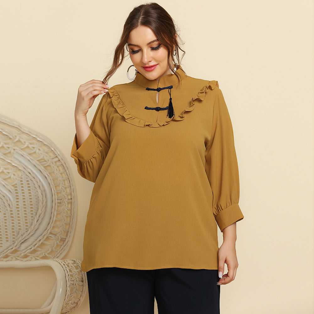 Plus Size Women Retro Style Stand Collar Ruffle Trim Solid Color Casual Shirt Top Blouse - Fashionpara
