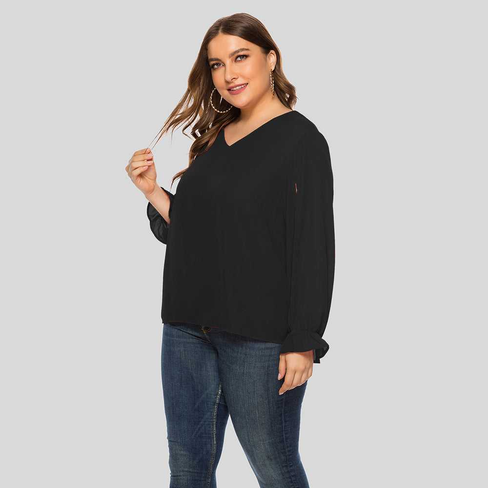 Plus Size Women Solid V-neck Puffy Sleeve Loose Long Sleeve Chiffon Blouse Shirt - Fashionpara